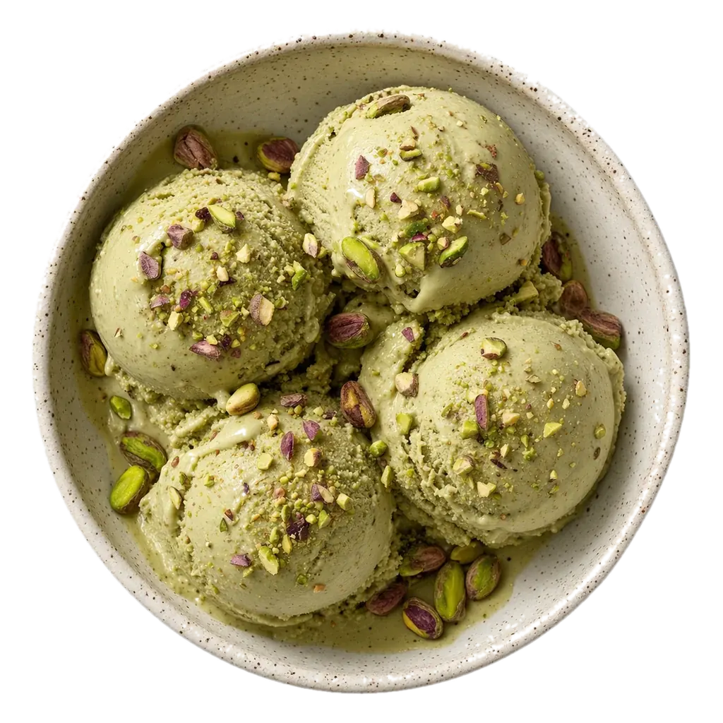 A bowl of pistachio gelato seen from above with crushed pistachios scattered on top.