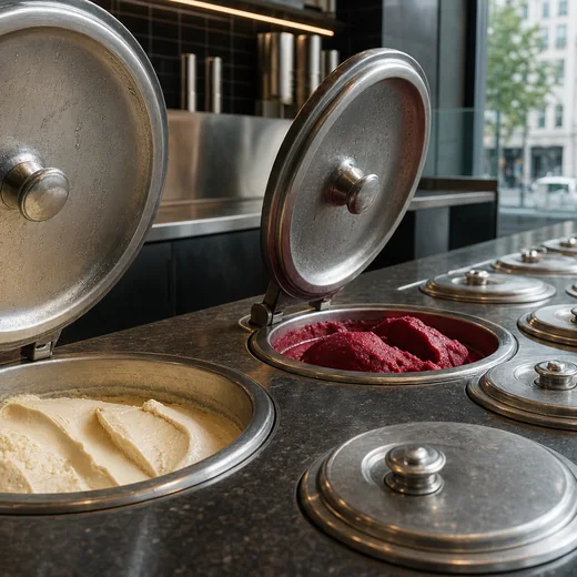 A row of covered stainless pozzetti wells set into a dark stone gelato counter.