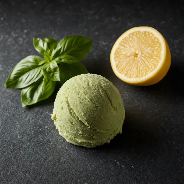 A pale sage-green scoop of basil gelato beside a sprig of fresh basil and a halved lemon.
