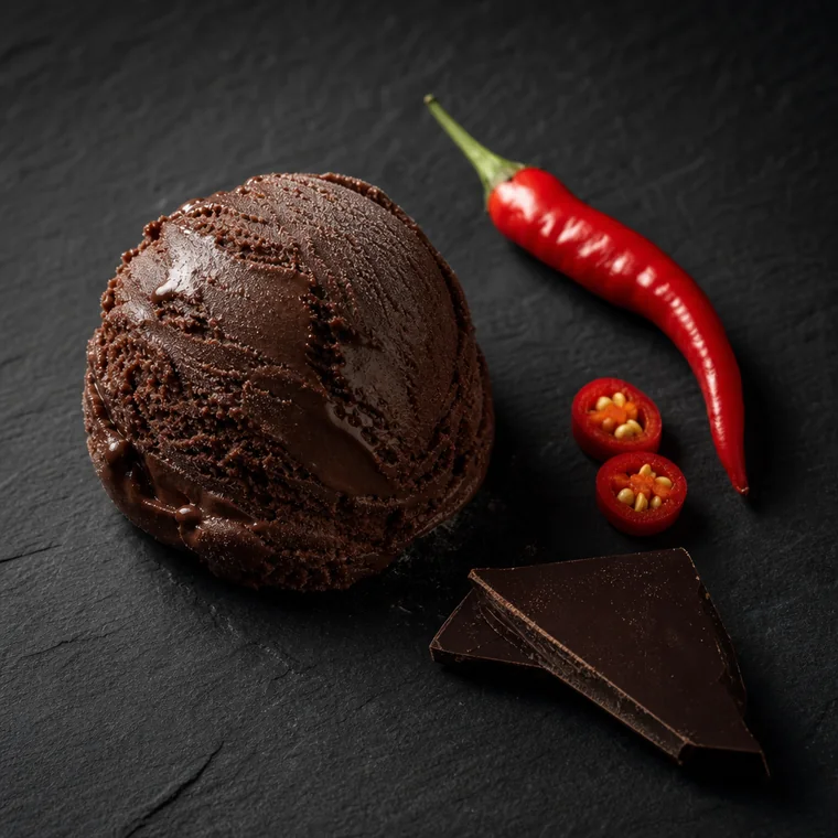 A scoop of dark chocolate gelato beside a whole red chilli with two slices and a shard of dark chocolate.