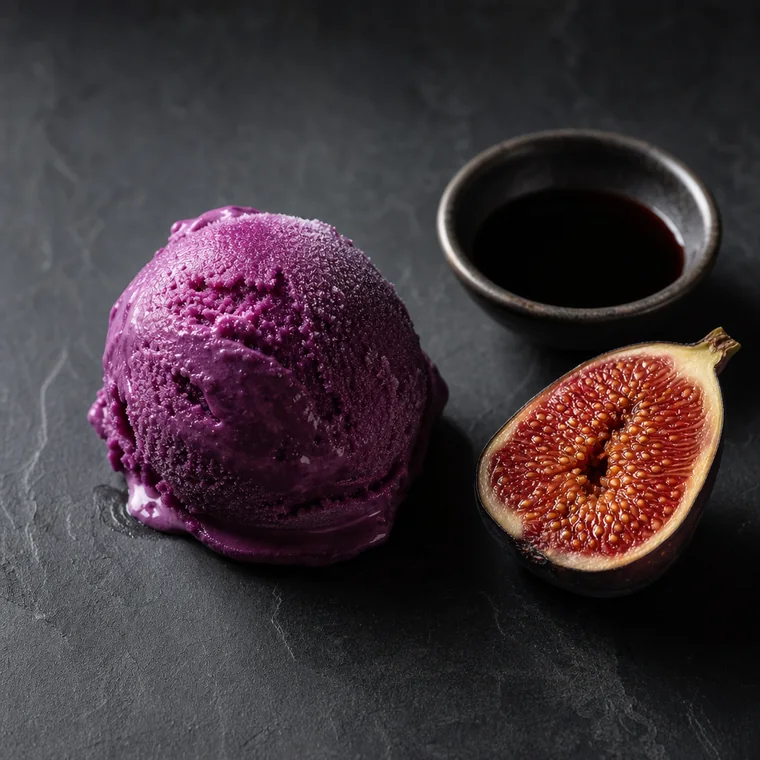 A scoop of deep violet fig gelato beside a halved black fig and a small dish of dark balsamic vinegar.