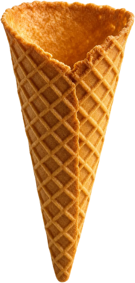 An empty golden waffle cone with an embossed lattice pattern.