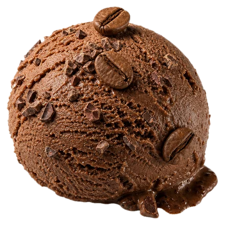 A scoop of dark espresso gelato scattered with cacao nibs and coffee beans.