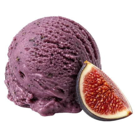 A scoop of deep violet fig gelato with a quartered fig beside it.