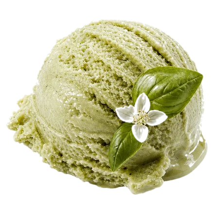 A scoop of pale sage-green basil gelato with basil leaves and a small white flower.