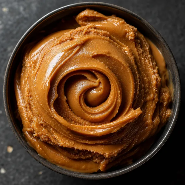Thick dulce de leche caramel swirled in a small dark bowl.