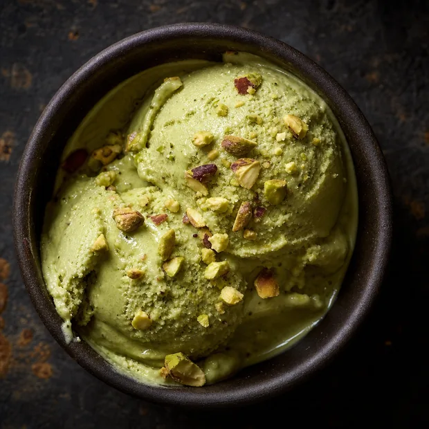 Two scoops of sage-green pistachio gelato with crushed pistachios.