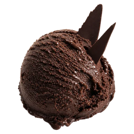 A scoop of very dark bitter chocolate gelato with two chocolate shards.
