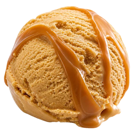 A scoop of toffee dulce de leche gelato with a thick caramel ribbon over it.