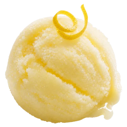 A pale lemon sorbet, icier and more translucent than a dairy scoop.