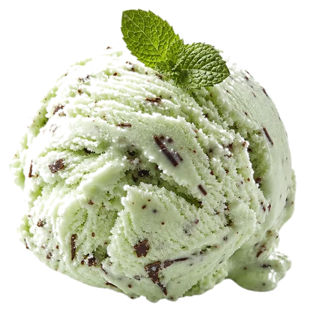 A scoop of pale mint gelato shot through with dark chocolate shards.