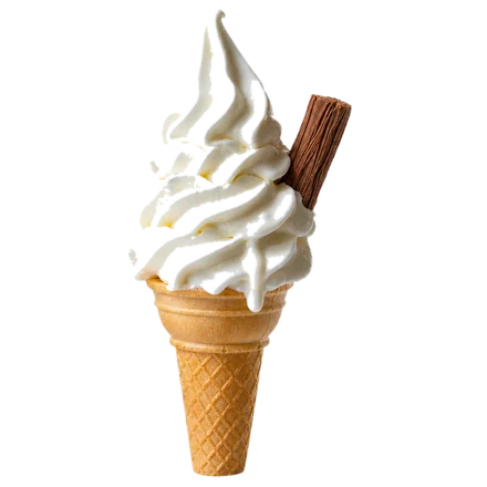 A British soft-serve vanilla swirl in a wafer cone with a chocolate flake pushed into it.