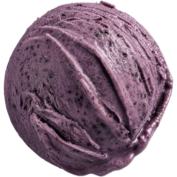 A large scoop of deep violet fig gelato with dark seed flecks.