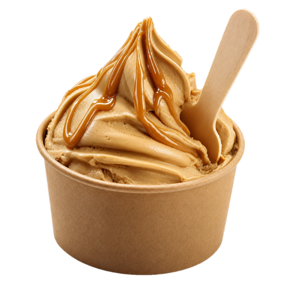 A kraft tub of dulce de leche gelato swirled to a peak, with a wooden spade in it and caramel over the top.